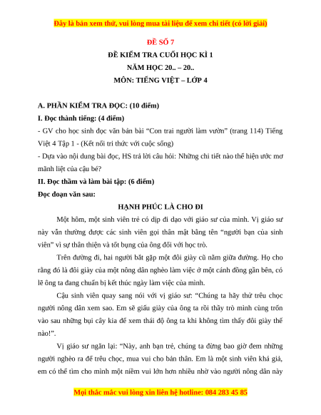Đề thi cuối kì 1 Tiếng Việt lớp 4 Kết nối tri thức (đề 7)