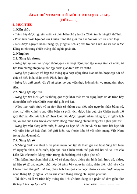 Giáo án Bài 4 Lịch sử 9 Kết nối tri thức: Chiến tranh thế giới thứ hai (1939 - 1945)