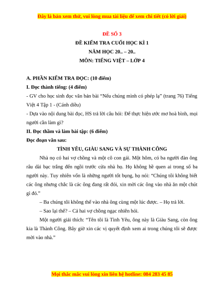 Đề thi cuối kì 1 Tiếng Việt lớp 4 Cánh diều (đề 3)