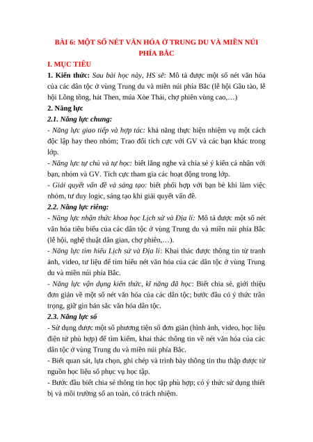 Giáo án Bài 6 Lịch sử & Địa lí lớp 4 Kết nối tri thức: Một số nét văn hóa ở vùng Trung du và miền núi Bắc Bộ