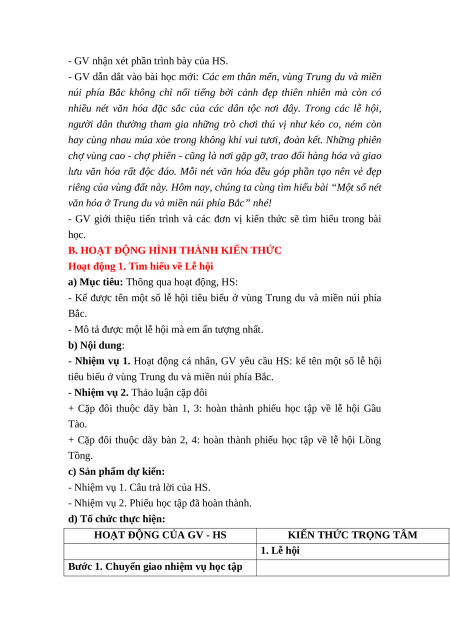 Giáo án Bài 6 Lịch sử & Địa lí lớp 4 Kết nối tri thức: Một số nét văn hóa ở vùng Trung du và miền núi Bắc Bộ