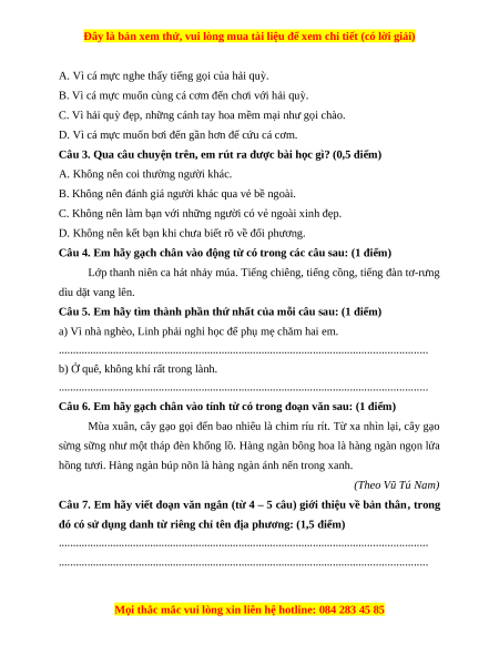 Đề thi cuối kì 1 Tiếng Việt lớp 4 Cánh diều (đề 5)