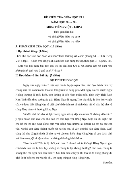 Đề thi giữa kì 1 Tiếng Việt lớp 4 Chân trời sáng tạo (đề 5)