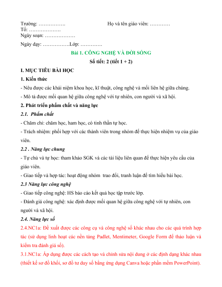 Giáo án Công nghệ 10 Thiết kế Kết nối tri thức (năng lực số)
