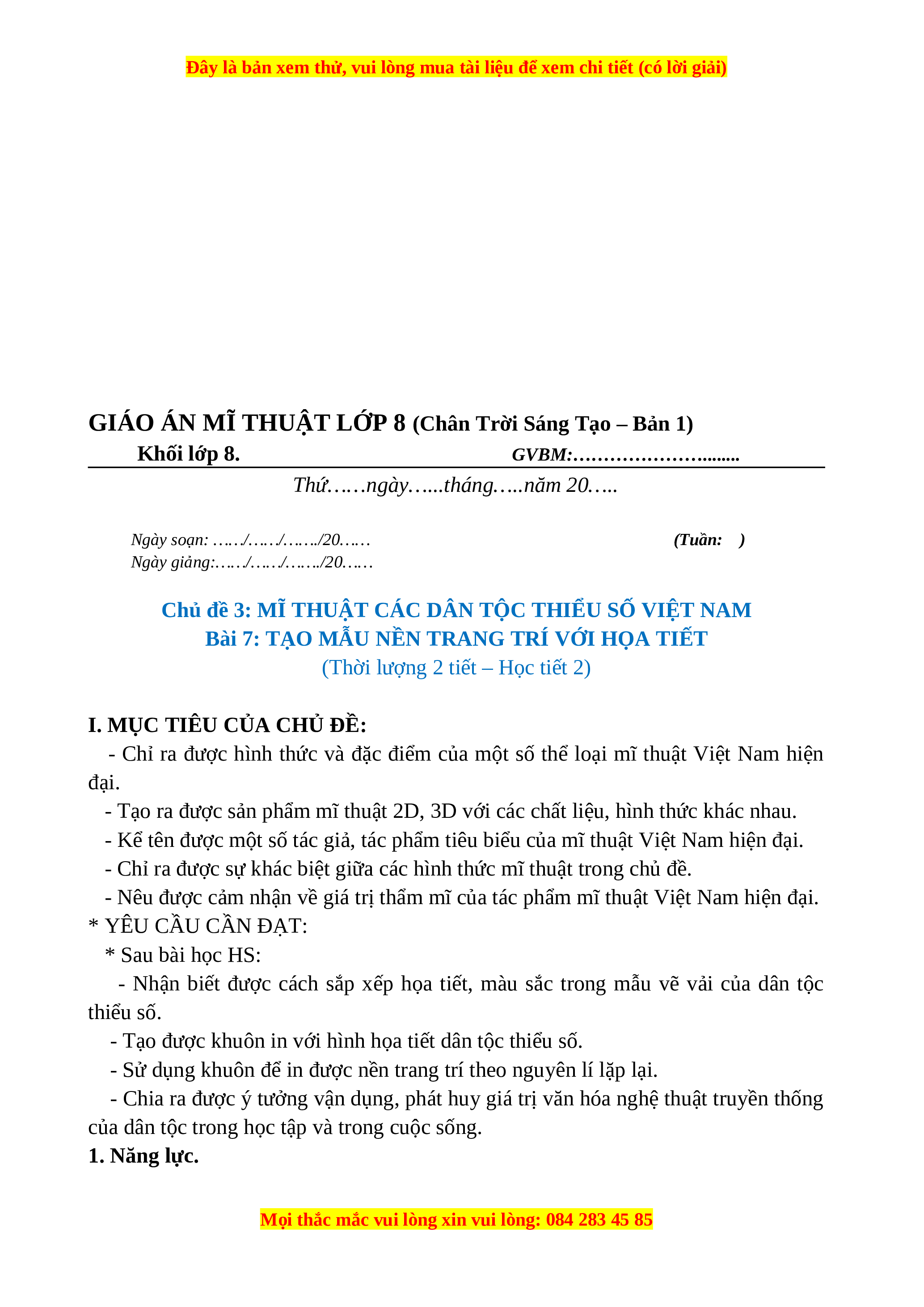 Giáo án Bài 7 Mĩ thuật 8 Chân trời sáng tạo: Tạo mẫu nền trang trí ...