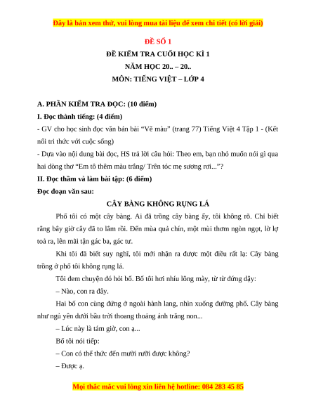 Đề thi cuối kì 1 Tiếng Việt lớp 4 Kết nối tri thức (đề 1)