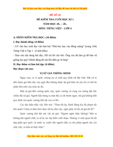 Đề thi cuối kì 1 Tiếng Việt lớp 4 Cánh diều (đề 10)