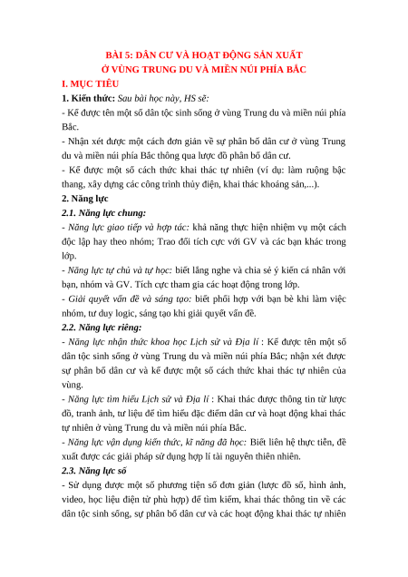 Giáo án Bài 5 Lịch sử & Địa lí lớp 4 Kết nối tri thức: Dân cư và hoạt động sản xuất ở vùng Trung du và miền núi Bắc bộ