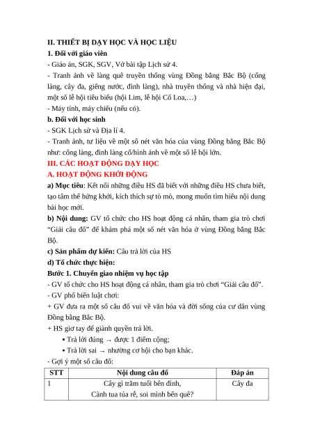 Giáo án Bài 10 Lịch sử & Địa lí lớp 4 Kết nối tri thức: Một số nét văn hóa ở vùng Đồng bằng Bắc Bộ