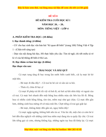 Đề thi cuối kì 1 Tiếng Việt lớp 4 Chân trời sáng tạo (đề 8)