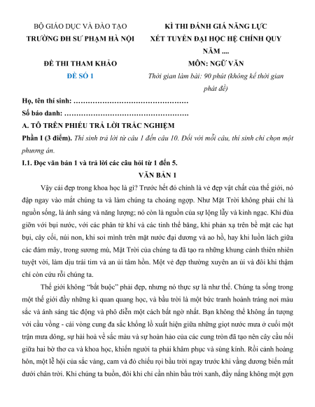 5 Đề thi ĐGNL Đại học Sư phạm Hà Nội môn Văn (có lời giải)