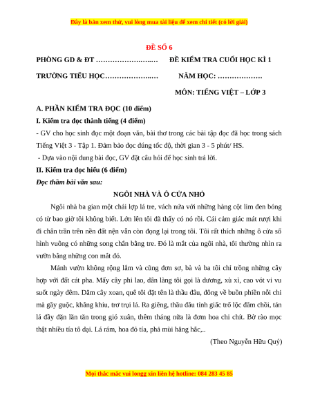 Đề thi cuối kì 1 Tiếng Việt lớp 3 Kết nối tri thức - Đề 6