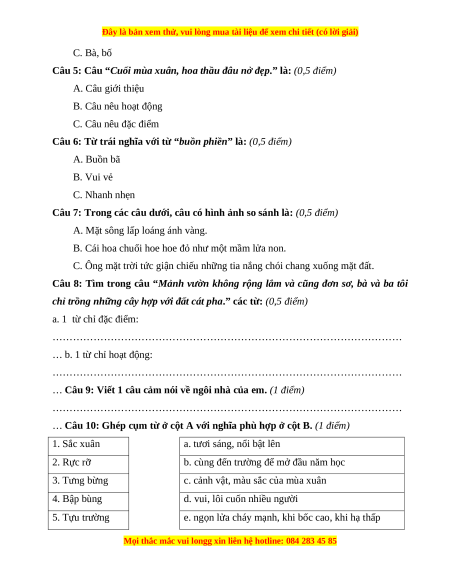 Đề thi cuối kì 1 Tiếng Việt lớp 3 Kết nối tri thức - Đề 6