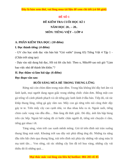 Đề thi cuối kì 1 Tiếng Việt lớp 4 Chân trời sáng tạo (đề 1)