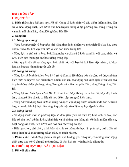 Giáo án Bài 14 Lịch sử & Địa lí lớp 4 Kết nối tri thức: Ôn tập