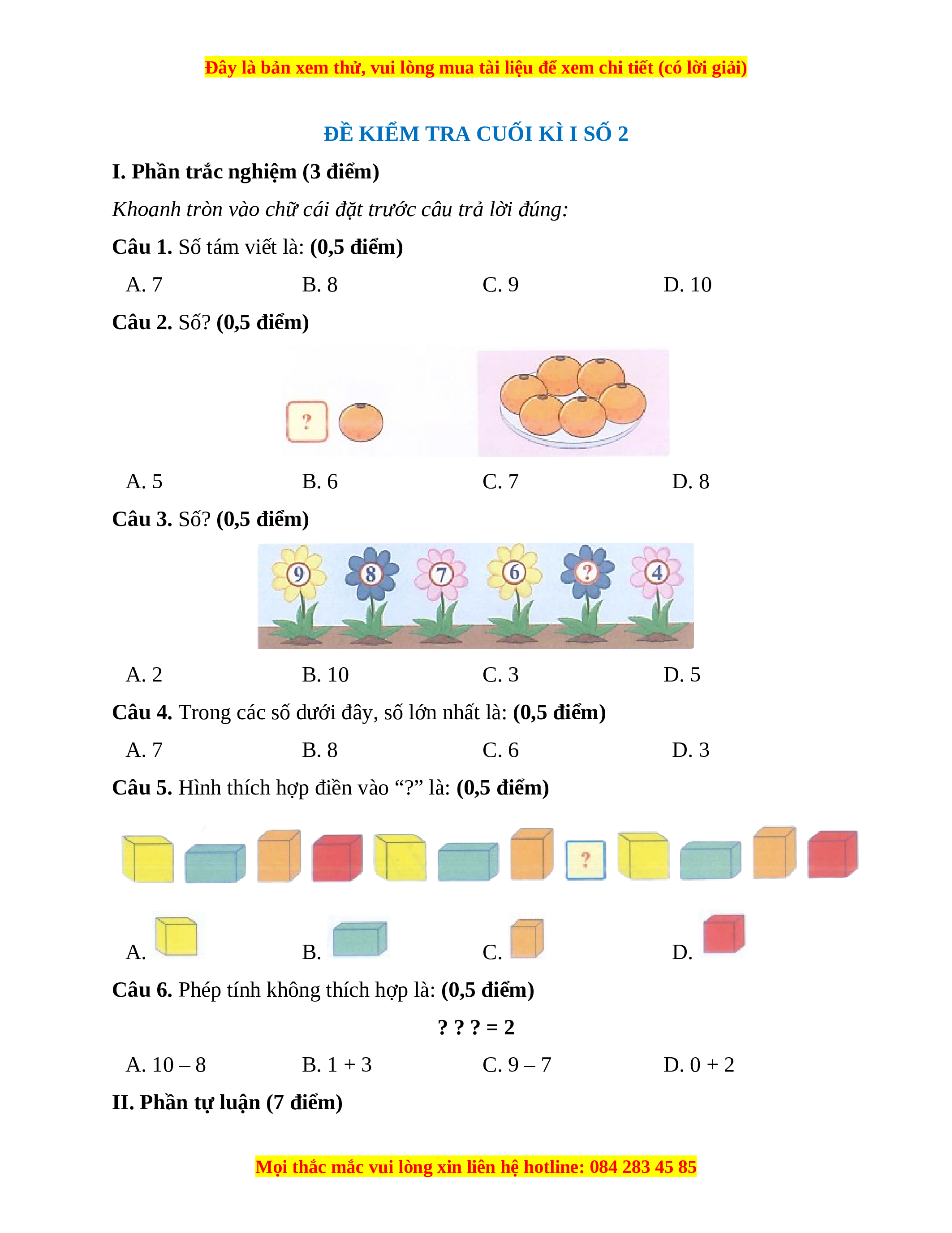 Đề thi cuối kì 1 Toán lớp 1 Chân trời sáng tạo - Đề 2