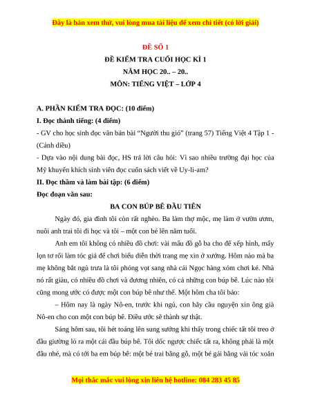 Đề thi cuối kì 1 Tiếng Việt lớp 4 Cánh diều (đề 1)