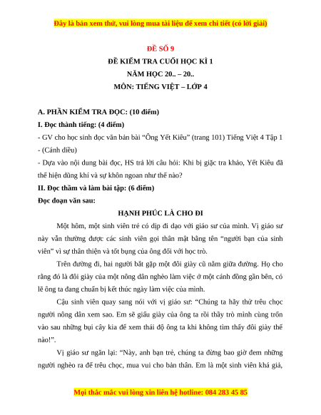 Đề thi cuối kì 1 Tiếng Việt lớp 4 Cánh diều (đề 9)