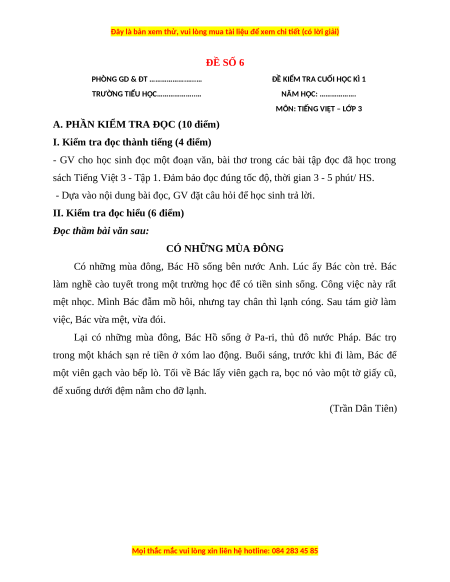 Đề thi cuối kì 1 Tiếng Việt lớp 3 Cánh diều (Đề 6)