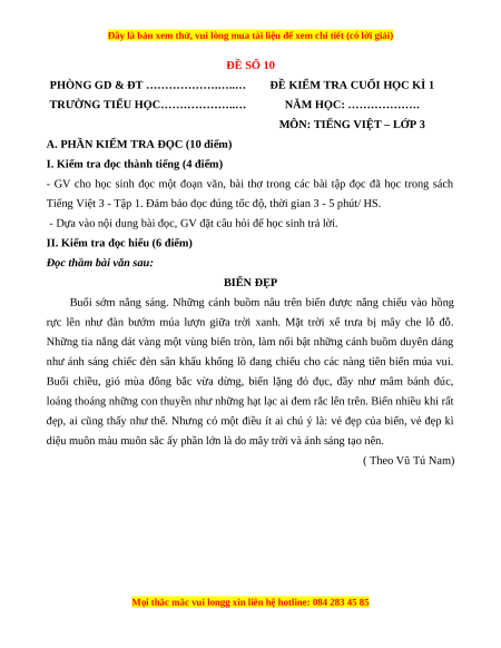 Đề thi cuối kì 1 Tiếng Việt lớp 3 Kết nối tri thức - Đề 10