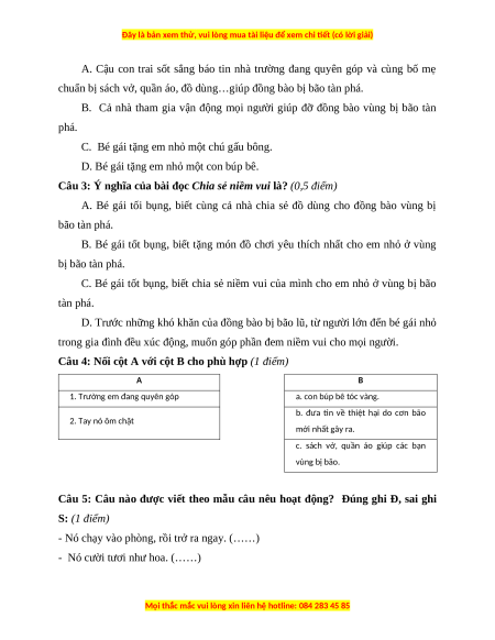 Đề thi cuối kì 1 Tiếng Việt lớp 3 Cánh diều (Đề 1)