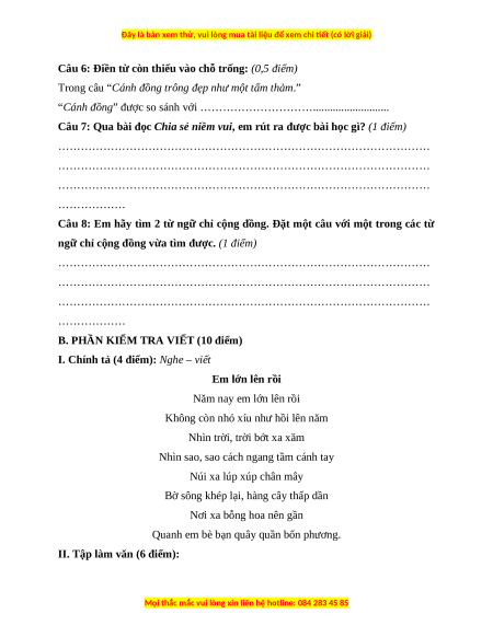 Đề thi cuối kì 1 Tiếng Việt lớp 3 Cánh diều (Đề 1)