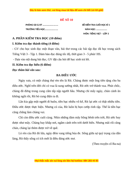 Đề thi cuối kì 1 Tiếng Việt lớp 3 Cánh diều (Đề 10)
