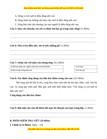 Đề thi cuối kì 1 Tiếng Việt lớp 3 Cánh diều (Đề 10)