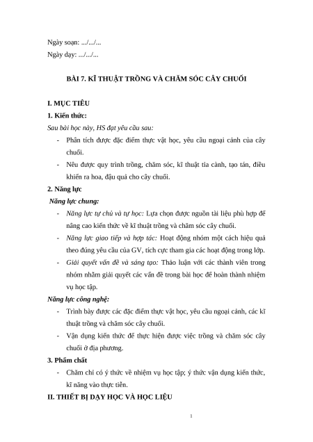 Giáo án Bài 7: Kĩ thuật trồng và chăm sóc cây chuối Công nghệ 9 Trồng cây ăn quả Kết nối tri thức