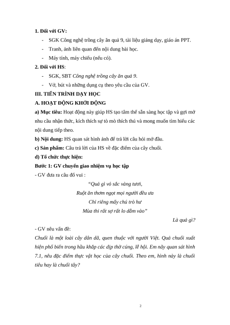 Giáo án Bài 7: Kĩ thuật trồng và chăm sóc cây chuối Công nghệ 9 Trồng cây ăn quả Kết nối tri thức