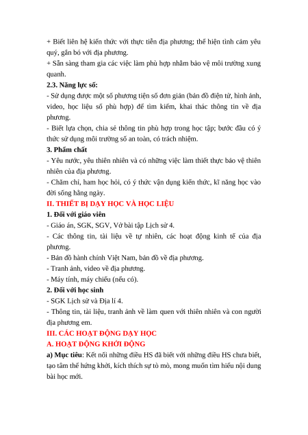 Giáo án Bài 2 Lịch sử & Địa lí lớp 4 Kết nối tri thức: Thiên nhiên và con người địa phương em