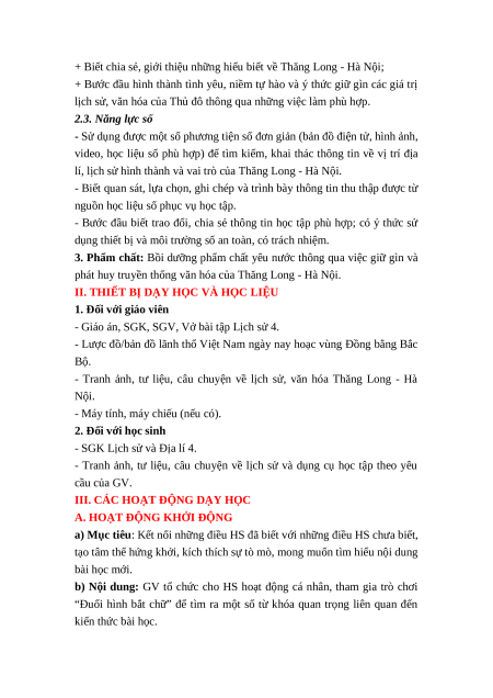 Giáo án Bài 12 Lịch sử & Địa lí lớp 4 Kết nối tri thức: Thăng Long - Hà Nội