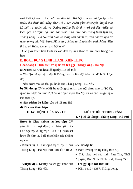 Giáo án Bài 12 Lịch sử & Địa lí lớp 4 Kết nối tri thức: Thăng Long - Hà Nội