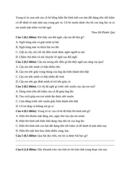 Đề thi giữa kì 1 Tiếng Việt lớp 4 Chân trời sáng tạo (đề 10)