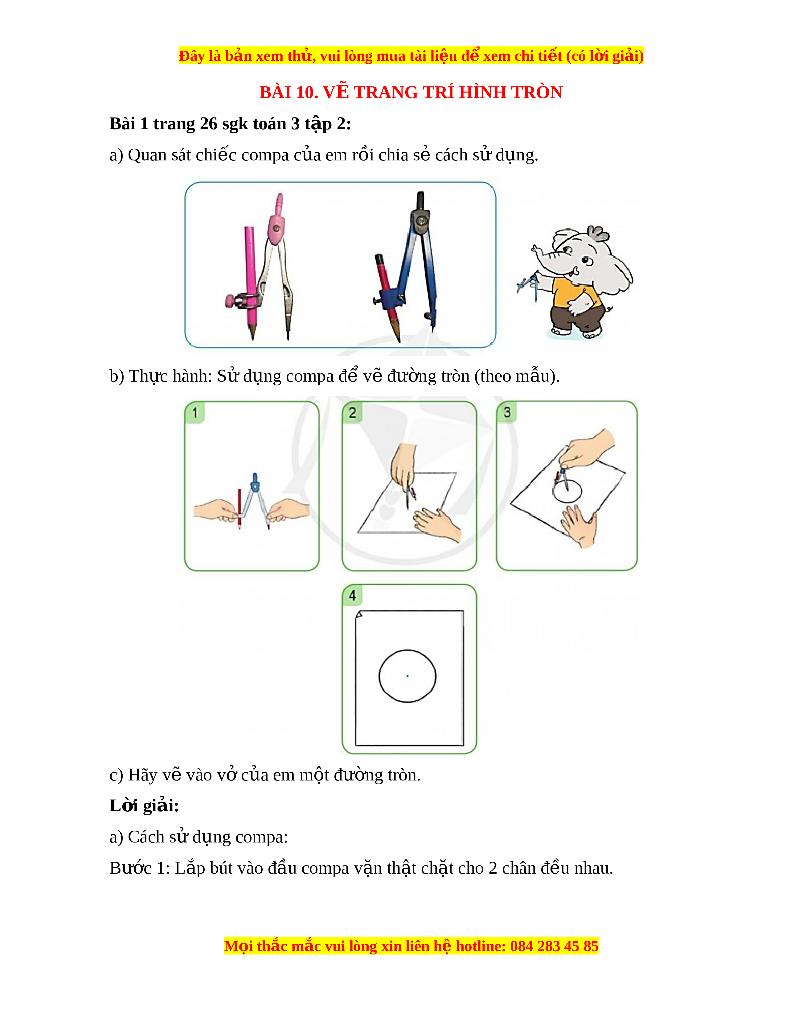 Giải Sgk Toán lớp 3 Bài 10: Vẽ trang trí hình tròn (Cánh diều