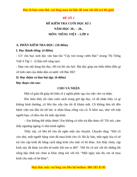 Đề thi cuối kì 1 Tiếng Việt lớp 4 Chân trời sáng tạo (đề 2)