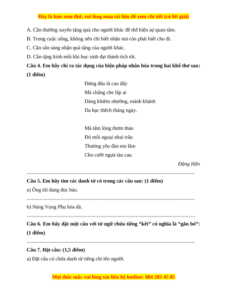 Đề thi cuối kì 1 Tiếng Việt lớp 4 Chân trời sáng tạo (đề 2)