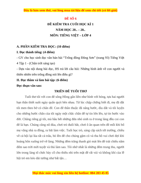 Đề thi cuối kì 1 Tiếng Việt lớp 4 Chân trời sáng tạo (đề 6)