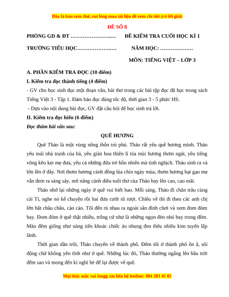 Đề thi cuối kì 1 Tiếng Việt lớp 3 Kết nối tri thức - Đề 8