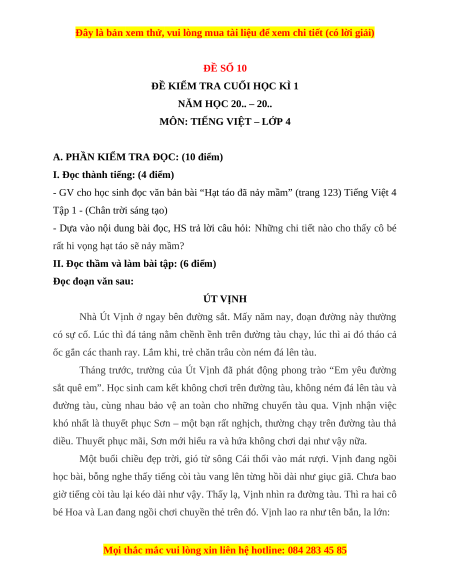 Đề thi cuối kì 1 Tiếng Việt lớp 4 Chân trời sáng tạo (đề 10)