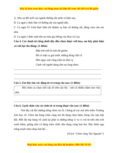 Đề thi cuối kì 1 Tiếng Việt lớp 4 Chân trời sáng tạo (đề 10)