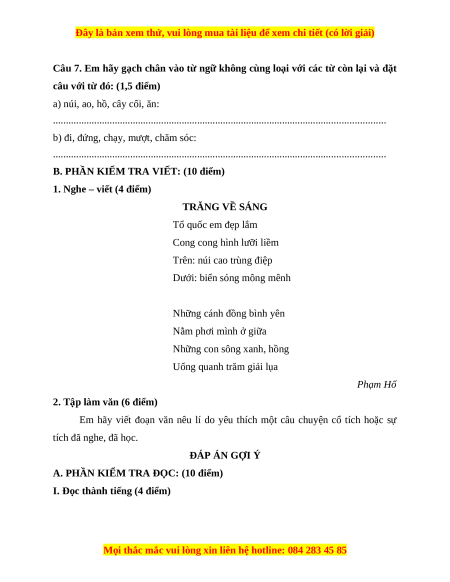 Đề thi cuối kì 1 Tiếng Việt lớp 4 Chân trời sáng tạo (đề 10)