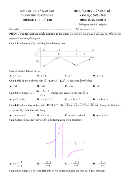 Bộ 10 Đề thi Giữa kì 1 Toán 12 Tp.HCM có đáp án