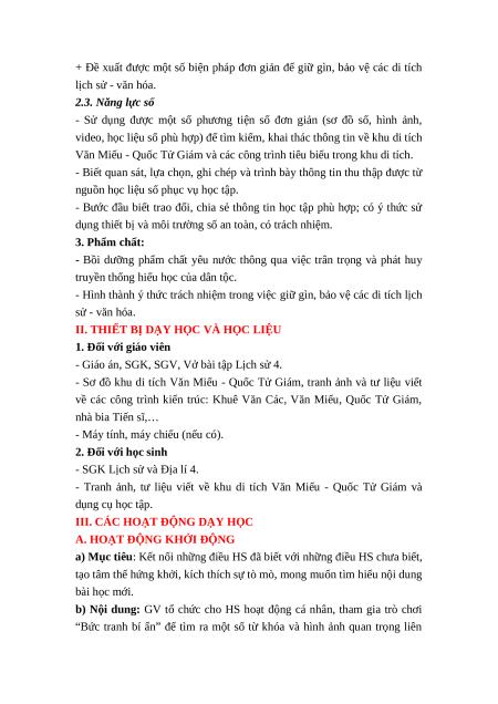Giáo án Bài 13 Lịch sử & Địa lí lớp 4 Kết nối tri thức: Văn Miếu - Quốc Tử Giám