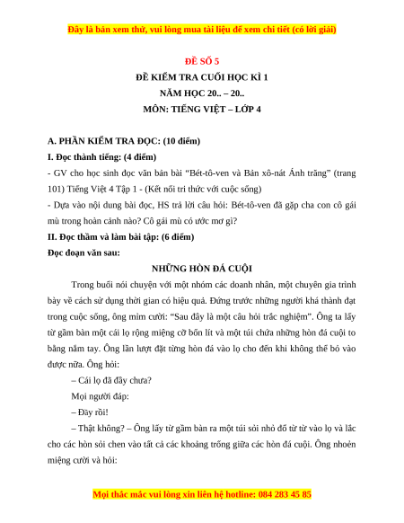 Đề thi cuối kì 1 Tiếng Việt lớp 4 Kết nối tri thức (đề 5)