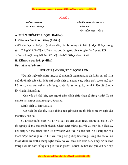 Đề thi cuối kì 1 Tiếng Việt lớp 3 Cánh diều (Đề 7)