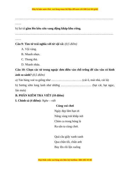 Đề thi cuối kì 1 Tiếng Việt lớp 3 Cánh diều (Đề 7)