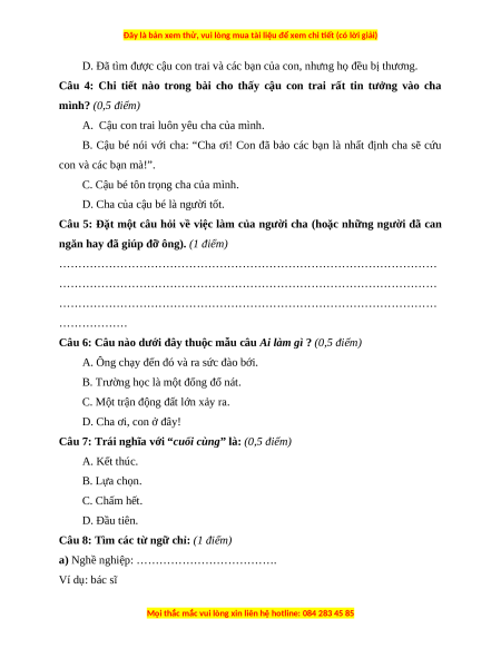 Đề thi cuối kì 1 Tiếng Việt lớp 3 Cánh diều (Đề 8)