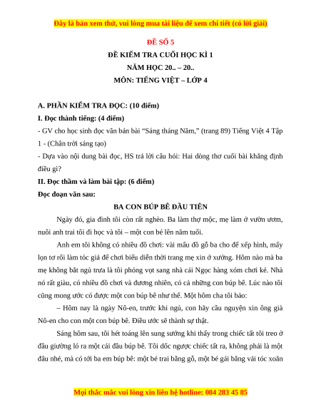 Đề thi cuối kì 1 Tiếng Việt lớp 4 Chân trời sáng tạo (đề 5)