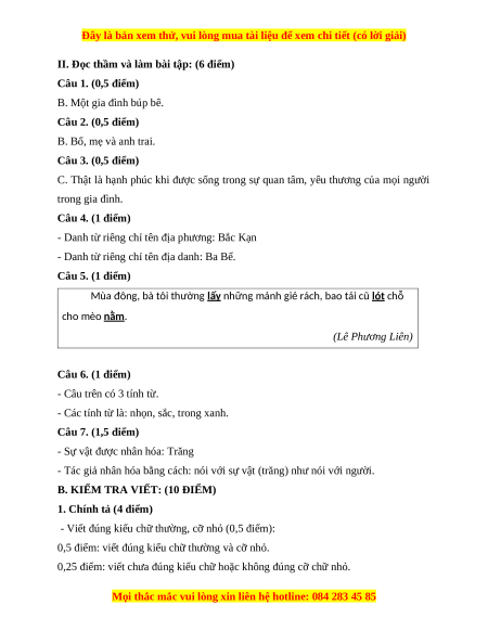 Đề thi cuối kì 1 Tiếng Việt lớp 4 Chân trời sáng tạo (đề 5)